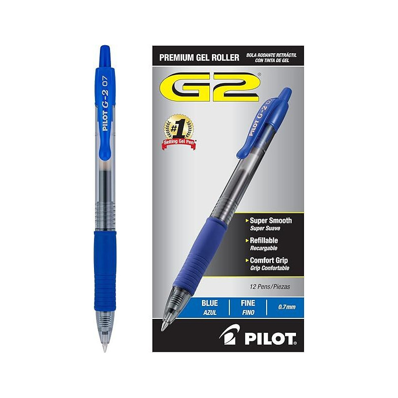 Pilot, stylos roller à encre gel G2 Premium, pointe fine 0,7 mm, bleu, lot de 12 Pilot, stylos roller à encre gel G2 Premium, pointe fine 0,7 mm, bleu, lot de 12