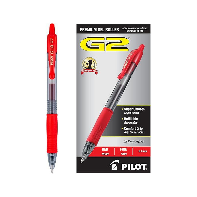 Pilot, stylos roller à encre gel G2 Premium, pointe fine 0,7 mm, rouge, lot de 12 Pilot, stylos roller à encre gel G2 Premium, pointe fine 0,7 mm, rouge, lot de 12