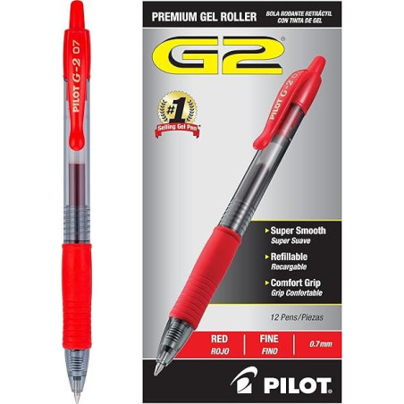 Pilot, stylos roller à encre gel G2 Premium, pointe fine 0,7 mm, rouge, lot de 12