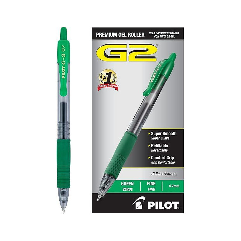 Pilot, stylos roller à encre gel G2 Premium, pointe fine 0,7 mm, vert, lot de 12 Pilot, stylos roller à encre gel G2 Premium, pointe fine 0,7 mm, vert, lot de 12