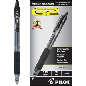 Pilot, stylos à bille à encre gel G2 Premium, pointe fine 0,7 mm, noir, lot de 12 (boîte de douze)