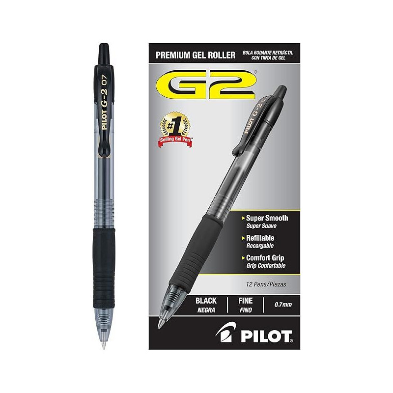 Pilot, stylos à bille à encre gel G2 Premium, pointe fine 0,7 mm, noir, lot de 12 (boîte de douze) Pilot, stylos à bille à encre gel G2 Premium, pointe fine 0,7 mm, noir, lot de 12 (boîte de douze)