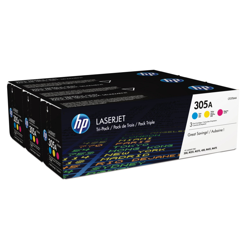 HP 305A 3-pack Cyan/Magenta/Yellow Original LaserJet Toner Cartridges HP 305A 3-pack Cyan/Magenta/Yellow Original LaserJet Toner Cartridges