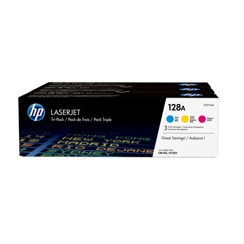 HP 128A 3-pack Cyan/Magenta/Yellow Original LaserJet Toner Cartridges HP 128A 3-pack Cyan/Magenta/Yellow Original LaserJet Toner Cartridges