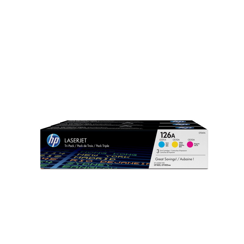 HP 126A 3-pack Cyan/Magenta/Yellow Original LaserJet Toner Cartridges HP 126A 3-pack Cyan/Magenta/Yellow Original LaserJet Toner Cartridges